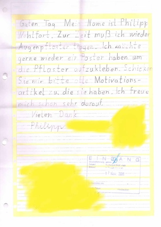 Brief eines Jungen der seine Erfahrung mit ORTOPAD® mitteilt