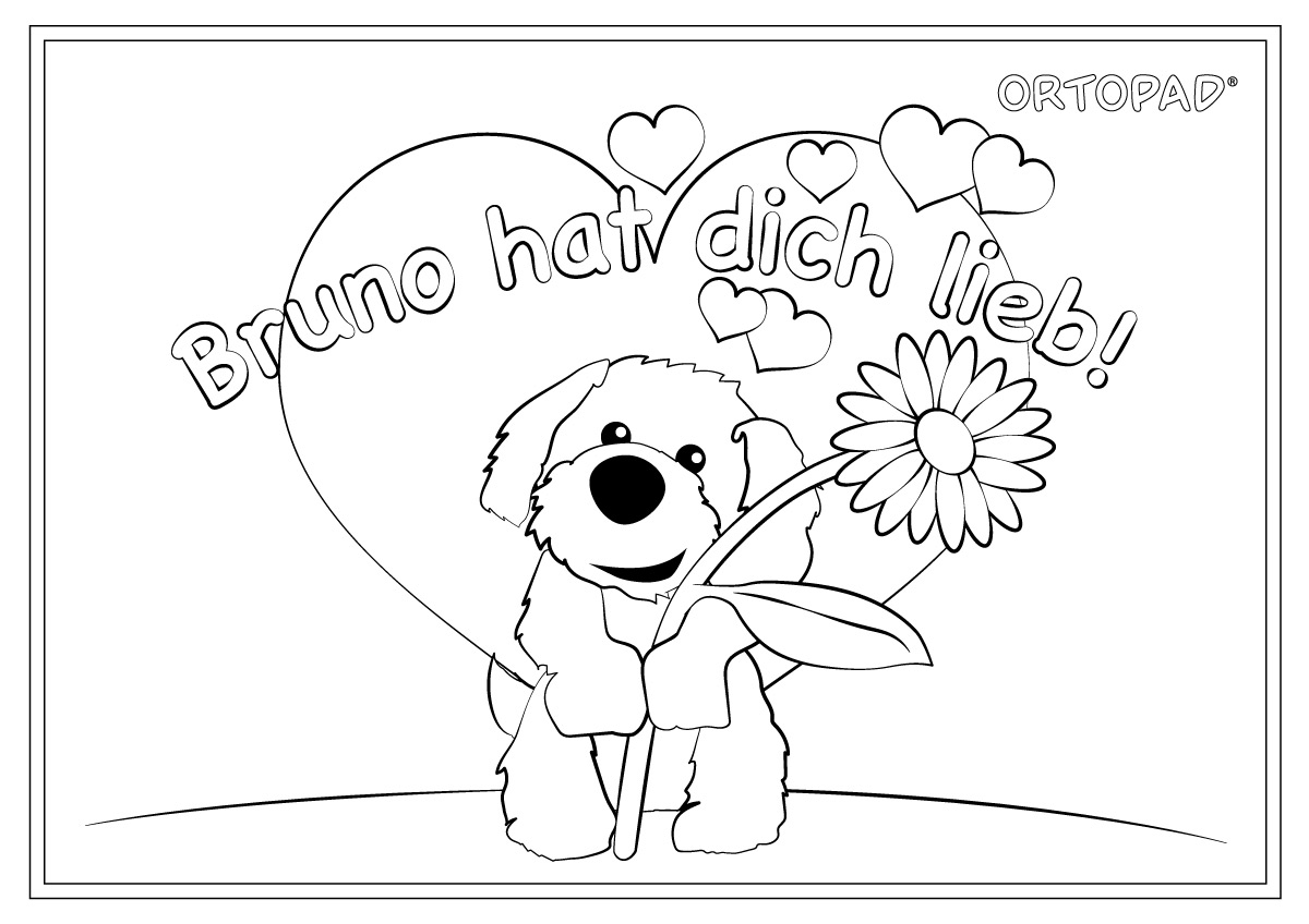 Vorschaubild Ausmalbild Valentinstag mit Bruno "Bruno hat dich lieb" mit Herz