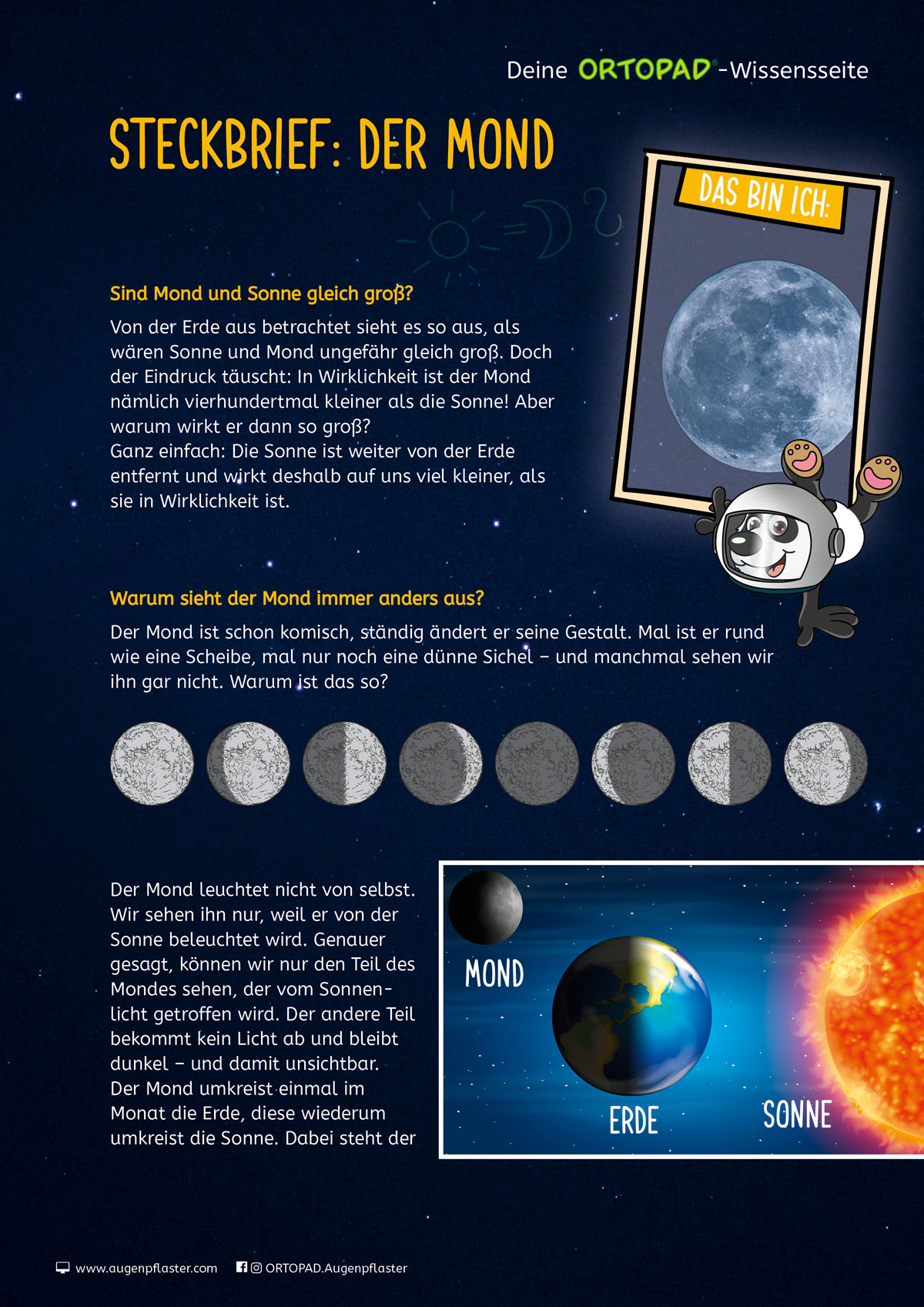 Vorschaubild der Wissenseite zum Thema "Mond" mit seinen verschiedenen Phasen und alles was man darüber wissen sollte
